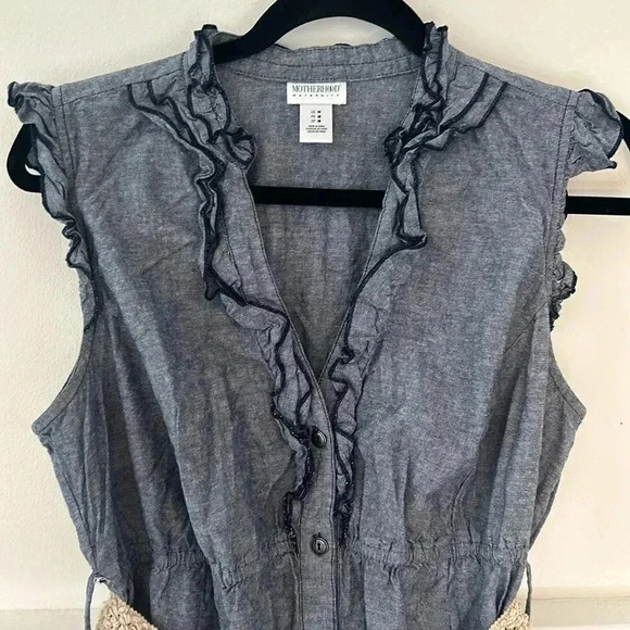 Motherhood Maternity Chambray Ruffle Dress with Tan & Brown Belt, size Medium - Picture 2 of 8